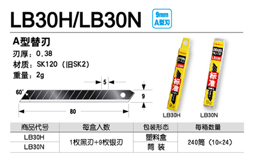 lb30h  品牌 tajima/田岛 类别 美工刀刀片 刀片规格(mm) 9 刀片数 10